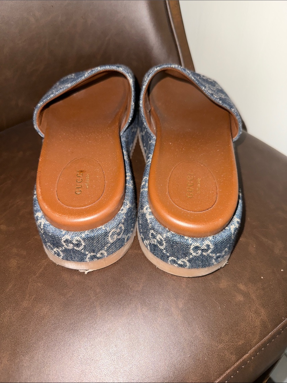 Gucci Denim Monogram Platform Slide Mules in Blue and Brown - flash sale - Picture 3 of 8